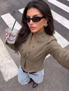 Khaki Stand Collar Double-Breasted Short Jacket, Women's Vintage Slim Fit Outerwear, Suitable For Daily Wear - Khaki - View 9