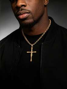 1pc Men's 18K Gold Plated Street Hip-Hop Style 3D Embossed Jesus Crucifix Necklace, Party Versatile Faith Jewelry, Suitable As Gift For Boyfriend - Gold - View 1