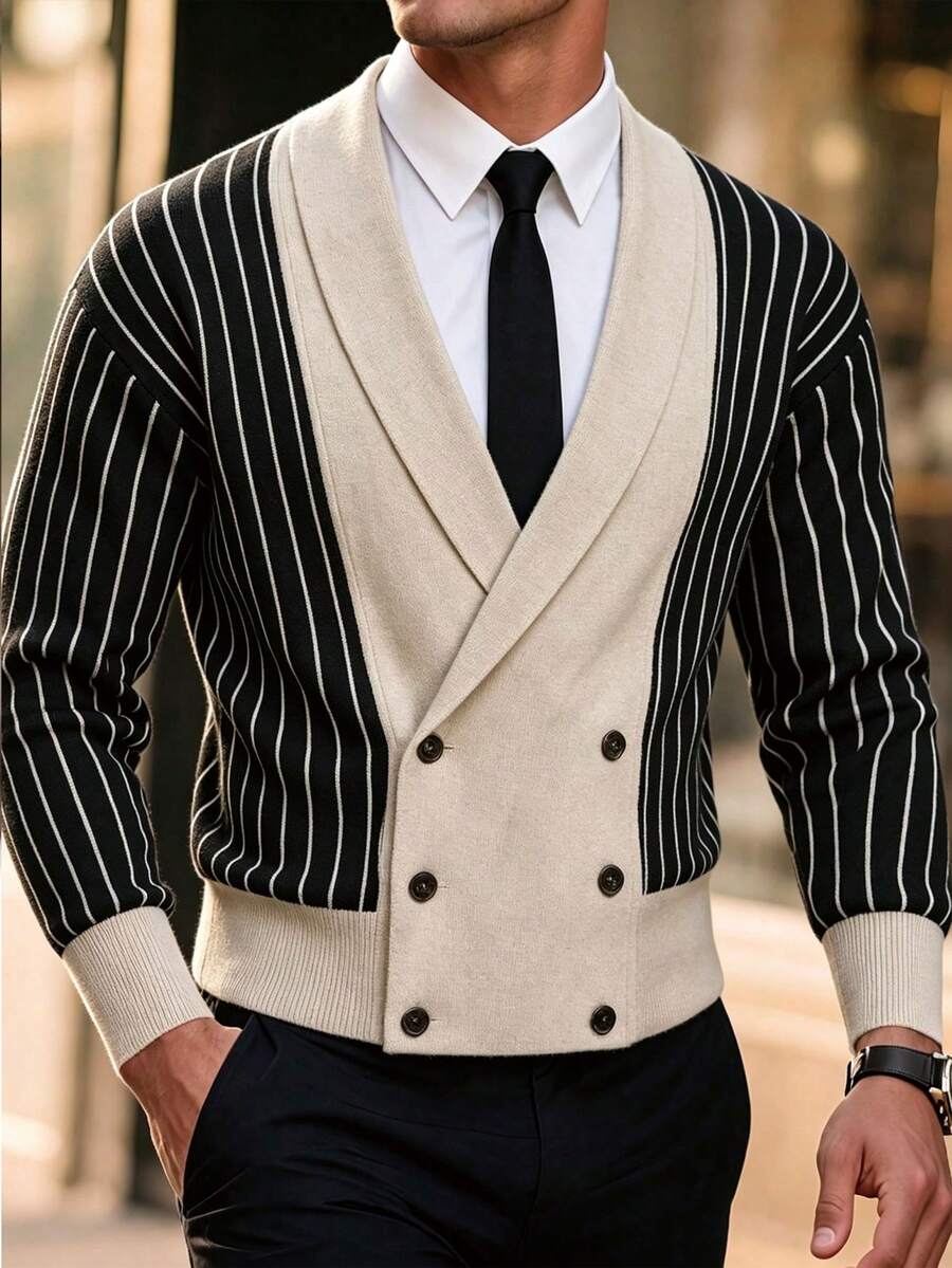 Autumn/Winter New Men's British Style Vintage Knit Striped Colorblock Cardigan Sweater - Black - View 1