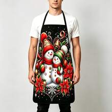 1Pc Black Background Cartoon Snowman Bell Poinsettia Halter Apron For Family Dinner Kitchen Cooking Photo Decor - Multicolor - View 5