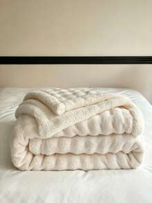 1pc Cream Bubble Fleece Cuffed Soft Skin-Friendly Comfortable Bed Blanket, Suitable For Bedroom And Guest Room - Off-white - View 8