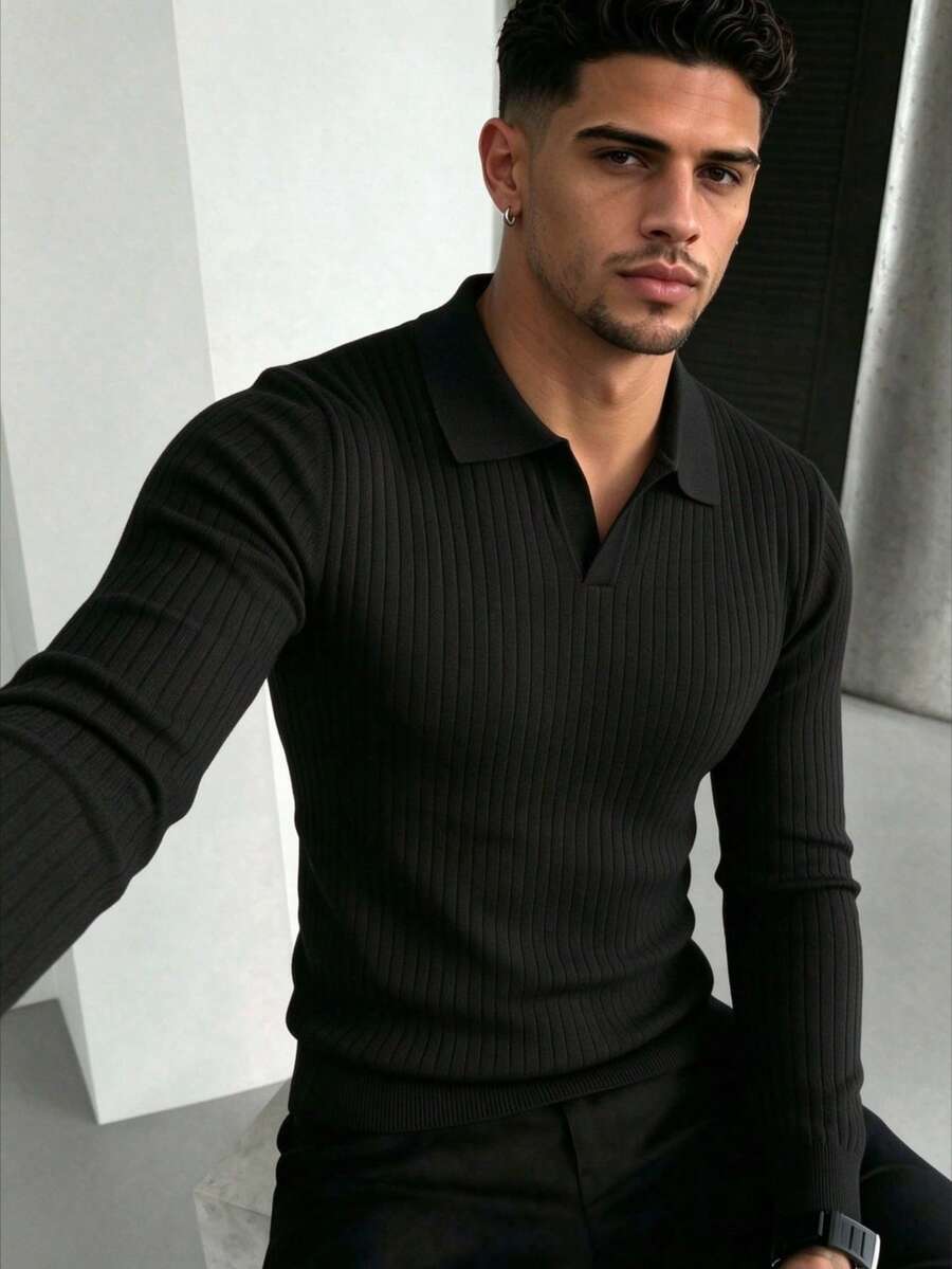 ZYNTH BALENO Men's Fashion Autumn/Winter Striped Slim Fit Square Shoulder Mock Neck Long Sleeve Sweater, Suitable For Gym Workout - Black - View 1