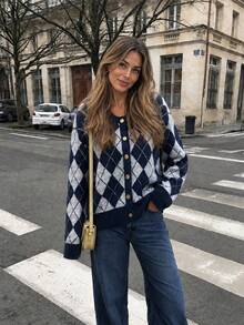 Senya 2026 Women's Diamond Pattern Knit Cardigan, Navy Grey Button Front Sweater, Soft Round Neck Long Sleeve Top, Preppy Old Money Style Autumn/Winter - Grey - View 7