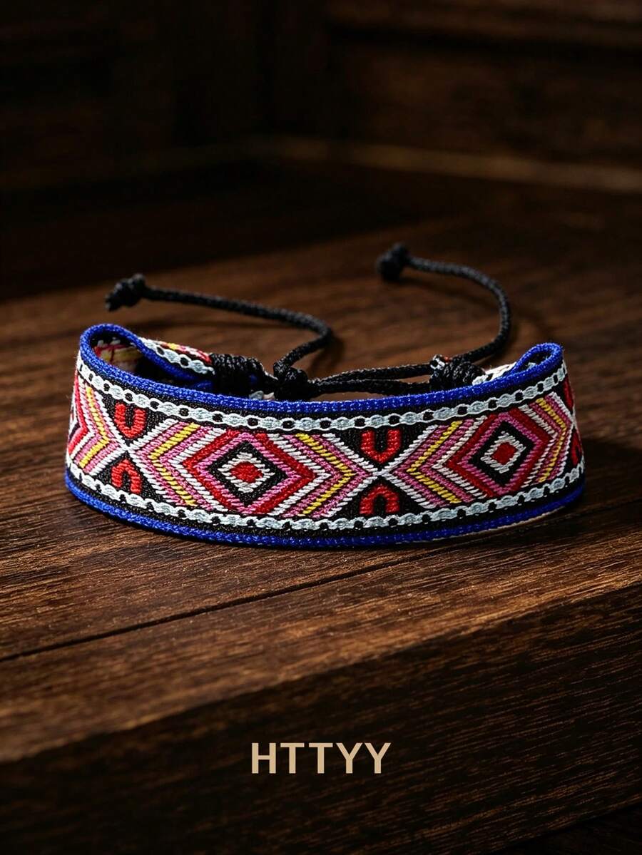 春夏新款女式復古手工編織手鍊,多色混色尼泊爾波希米亞藝術風印花布藝手繩飾品 - 彩色3 - 查看 1