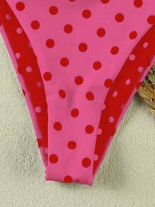HOTTIE HABIT Conjunto de bikini triángulo con cuello halter y lunares magenta, busto fruncido, lazo ajustable, corte alto, traje de baño sexy de dos piezas, adecuado para vacaciones de verano en la playa - Rosa Fucsia - Ver 7