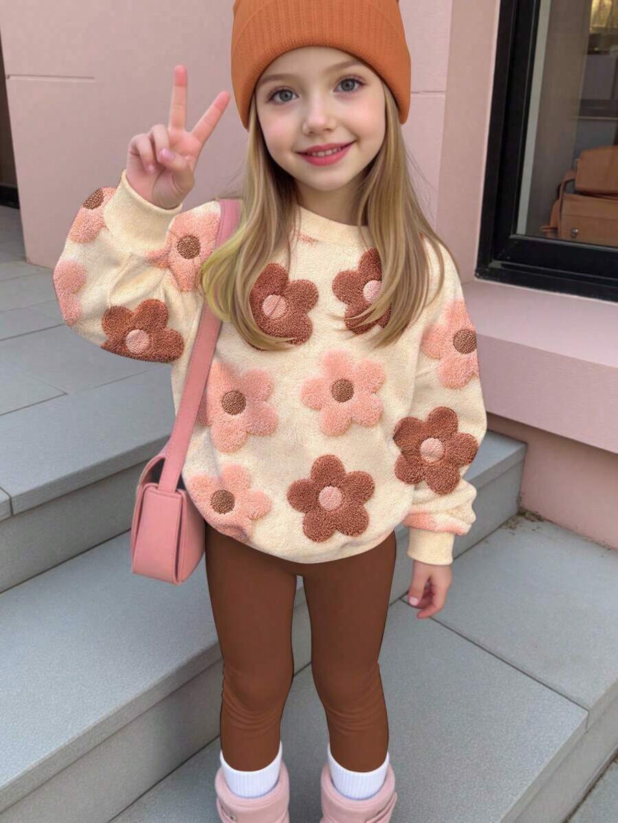 Felicidad 2026,Conjunto de sudadera de cuello redondo y pantalones largos de cintura elástica para niña, con estampado de lunares y flores texturizad - Multicolor14 - Ver 1