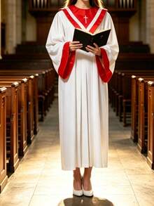 1PC Vintage Church Choir Recitation & Chorus Group Long Sleeve Dress, Suitable For Religious Blessing, Prayer, Recitation, Grand Chorus, Stage Performance, Father's Day, Mother's Day, Easter, Worship Day, COSPLAY Costume - Red and White - View 2