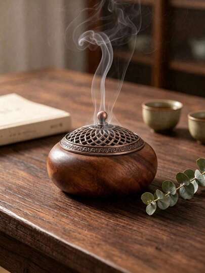 1pc Solid Walnut Wood Incense Burner With Vintage Hollow Carved Metal Lid, Incense Holder For Coil And Stick Incense, Zen Decor For Tea Room, Bedroom, Meditation, Ramadan, Eid, Christmas, Housewarming Gift