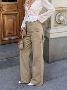 Aflion Women Fall Clothing Khaki Cargo Wide Leg Pants, High Waist Back Pockets Side Tool Pouch Straight Trousers For Streetwear Daily Wear - Khaki - View 7