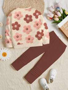 Felicidad 2026,Conjunto de sudadera de cuello redondo y pantalones largos de cintura elástica para niña, con estampado de lunares y flores texturizad - Multicolor14 - Ver 5