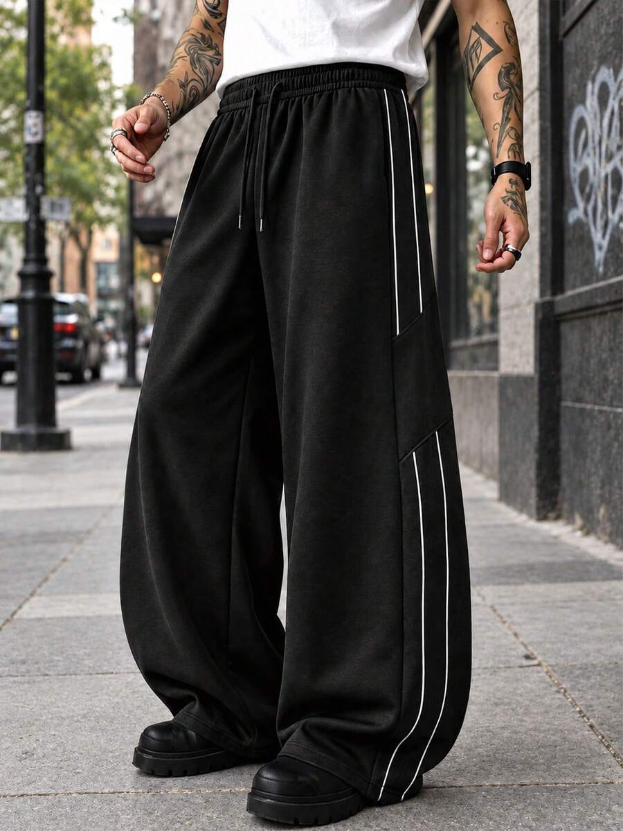 Men's Loose Thermal Lined Wide Leg Sweatpants, Casual Commuter Versatile Sports Long Pants, Autumn/Winter - Black - View 1