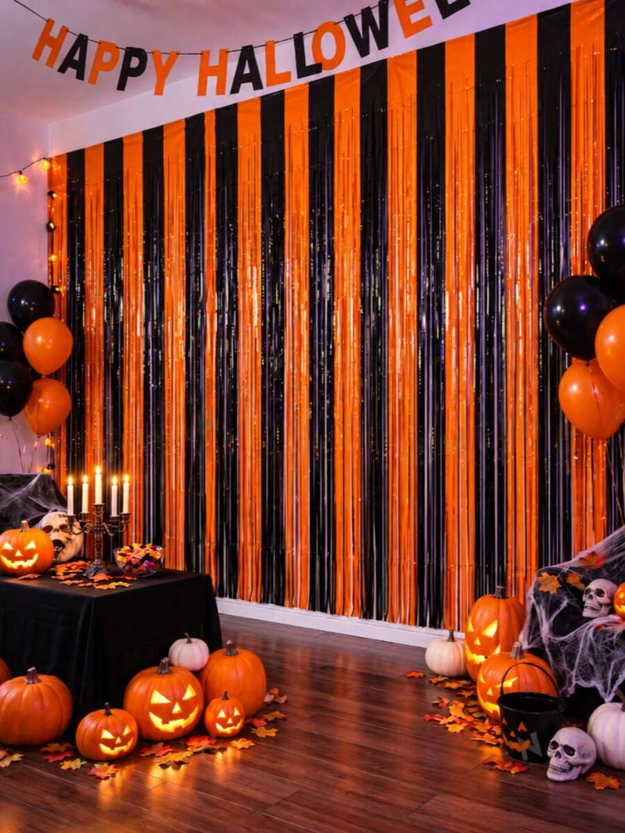1/2pcs 1*2m Halloween Metal Fringe Curtain, Black And Orange Sequin ...