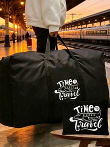 可折疊旅行袋套組，旅行時間圖案，中性收納袋，便攜手提包，大容量收納袋，多功能旅行袋，化妝包，行李袋，搬家袋，適用於宿舍、租屋公寓、學校宿舍，防潮防塵，可存放衣物與床上用品，適合返校、旅行、出差及居家日常收納，宿舍生活理想行李袋 - 彩色 - 查看 4