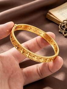 Letingsha 1pc Luxury Vintage Gold-Plated Four-Leaf Clover Pattern Bracelet Suitable For Women's Daily Wear And Wedding Accessory - Yellow Gold - View 6