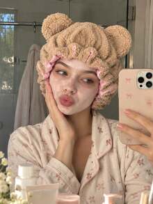 CONFLASS Cute Bear Ear Fuzzy Sleep Bonnet, Fluffy Teddy Fleece Night Cap With Satin Ruffle Trim, Soft Warm Home Sleeping Hair Cap For Women - Multicolor - View 6