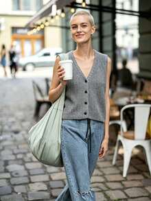 Women's Solid Color V-Neck Casual Daily Wear Knit Vest - Grey - View 1