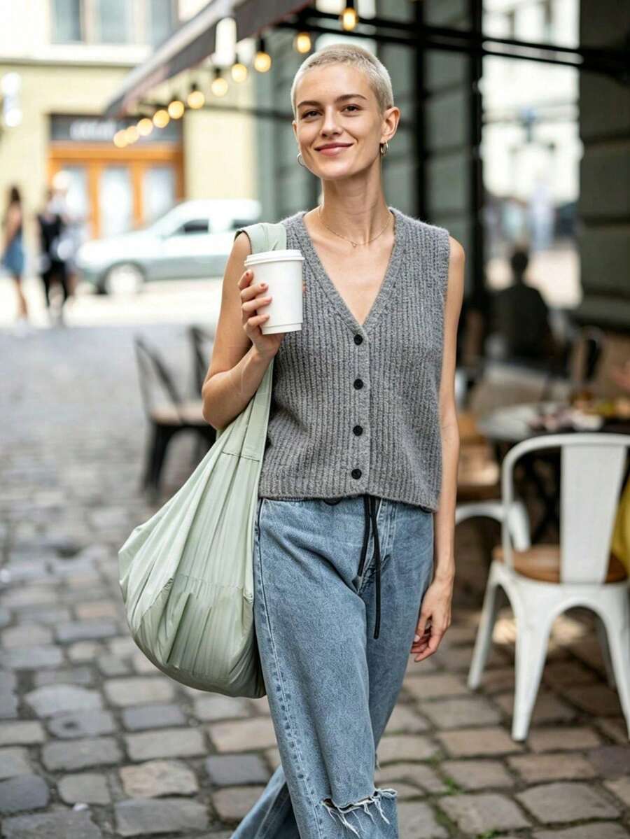 Women's Solid Color V-Neck Casual Daily Wear Knit Vest - Grey - View 1