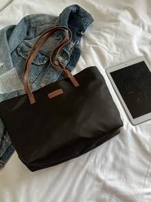 Women Large Nylon Tote Bag Retro Brown Strap Shoulder Bag Office Commute Handbag - Black - View 3