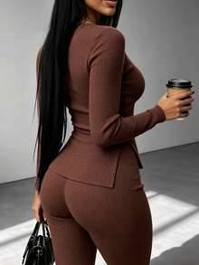 RNU Setelan 2 Potong Wanita Kasual Musim Gugur/Dingin, Bahan Bertekstur Ribbed, Atasan Rajut Lengan Panjang Slim Fit dengan Leher Bulat Kecil - Coffee Brown - View 2