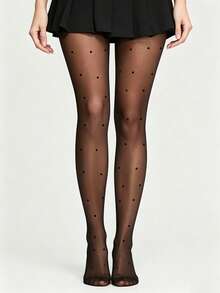 Women's See-Through Black Polka Dot & Heart Print Tights, Sheer Elastic Stockings, Fashionable See-Through Bottoms Suitable For Dresses, Party, Y2K Style Outfits And Casual Daily Wear - Black - View 2