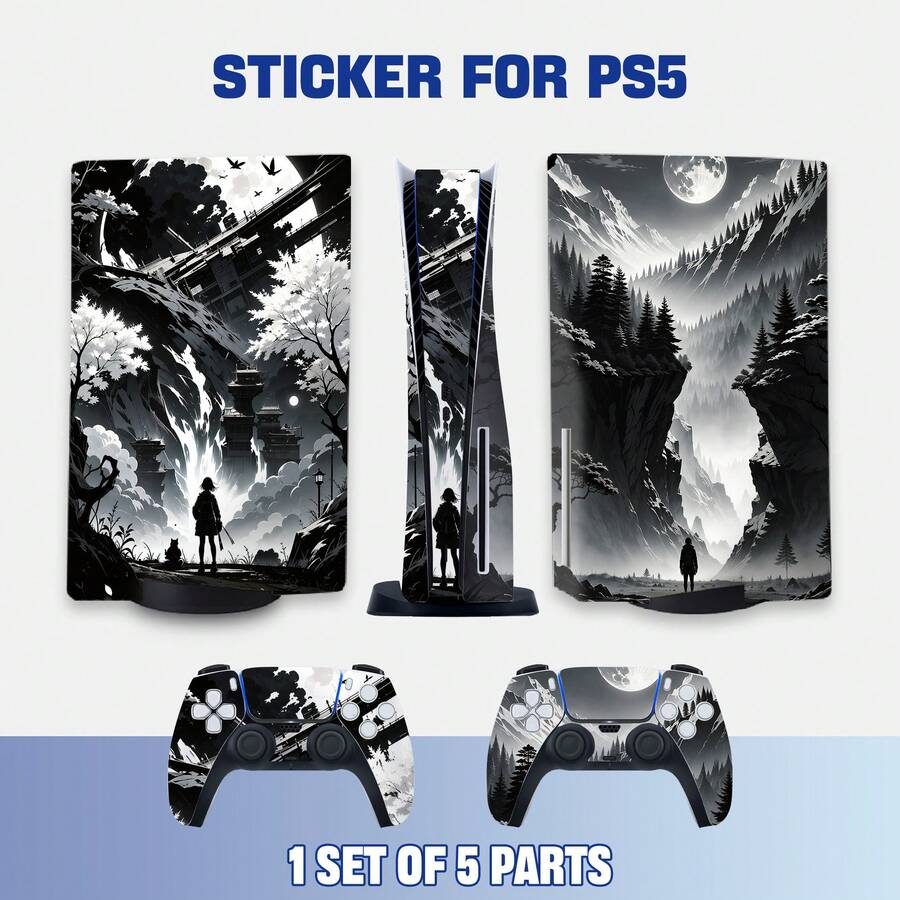 Full Set Protective Stickers Compatible With PS5 Disc Edition, Ink Wash Landscape Personalized Pattern, Removable No-Residue Anti-Scratch Film, Compatible With Console And DualSense Controller - View 1