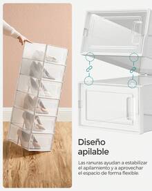 SONGMICS Cajas de Zapatos Plástico, Juego de 12 Organizadores de Almacenamiento, Caja Zapatero Plástico Plegable y Apilable para Zapatillas hasta talla 44, Transparente y Blanco LSP12SWT - Ver 3