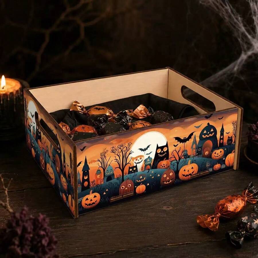 1pc Orange Sunset Halloween Wooden Storage Box, Cartoon Cat Shaped Ghost House Pumpkin Bat - Orange - View 1