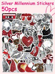 50Pcs Silver Millennium Y2K Stickers Retro Aesthetic Leopard Print Metallic Heart Graffiti Stickers For Water Bottle Luggage Phone Notebook Guitar DIY Crafts Stickers - Multicolor - View 2