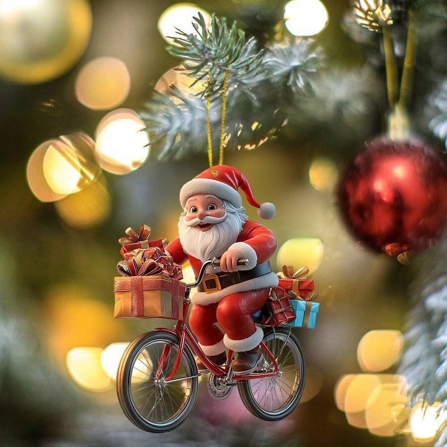1pc Christmas New Theme Santa Claus Riding Bike Delivering Gifts Car Interior Acrylic Pendant - Multi-color - View 1