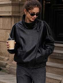 Women's Autumn Elegant Street Style Jacket, Asymmetric Button Pocket Long Sleeve Black Loose Fit Zip-Up Slim Jacket - Black - View 1