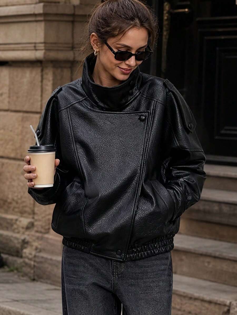 Women's Autumn Elegant Street Style Jacket, Asymmetric Button Pocket Long Sleeve Black Loose Fit Zip-Up Slim Jacket - Black - View 1