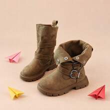 Girls' Brown Motorcycle Style Mid-Calf Boots With Fold-Over Snap Button And Double Buckle Decor, Suitable For Autumn/Winter Daily Wear - Brown - View 4