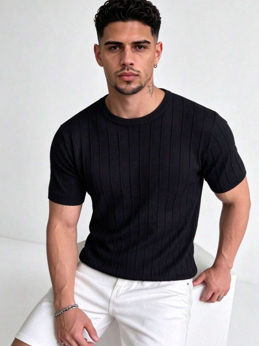 ZYNTH BALENO Men's Summer Fashion Crew Neck Vertical Striped Short Sleeve Sweater, Suitable For Gym, Sports, Cycling, Running Black - Black - View 1