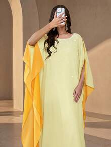 Elegant Women's Long Robe, Decorated With Pearls, Round Neck Batwing Short Sleeve, Long Woven Fabric Dress, Suitable For Formal Occasions - Pale Yellow - View 2