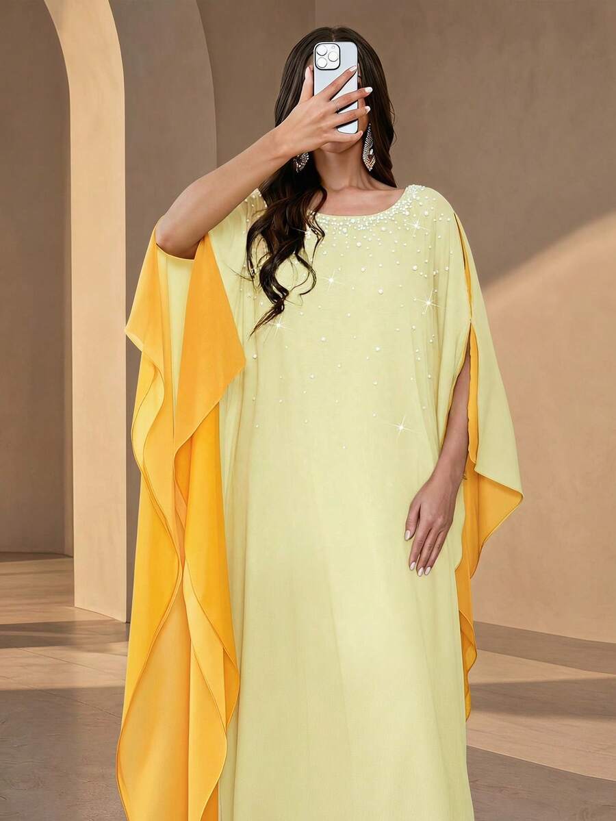 Elegant Women's Long Robe, Decorated With Pearls, Round Neck Batwing Short Sleeve, Long Woven Fabric Dress, Suitable For Formal Occasions