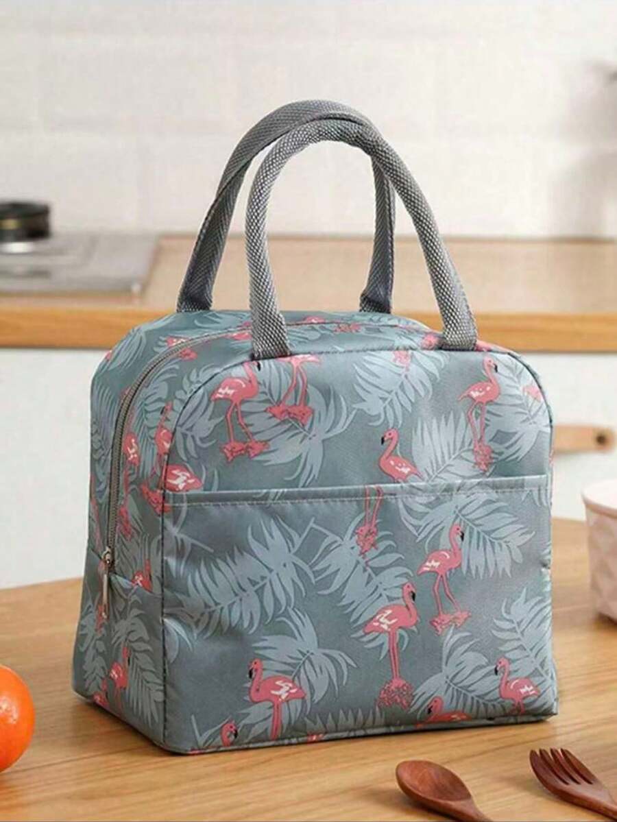 1pc Crane Pattern Portable Lunch Bag, Reusable, Leak-Proof, Cute Design, Stain-Resistant, Side Water Bottle Pocket, Insulated, Large Capacity Tote Bag, Suitable For Travel, Work, Picnic, Beach And Other Occasions. - Baby Blue - View 1