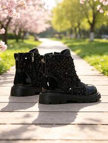 1 Pair Boys' Short Boots, Shiny 3D Sequin Material, Round Toe, Elastic Soft Sole, Inner Zipper Design, Fashionable Glamorous Princess Boots, Suitable For Daily Wear, Festivals, Performances, Parties, Autumn/Winter New Style - Black - View 6