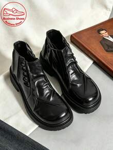Vintage Pleated Thick Sole Men's Ankle Boots Niche Distressed Side Zipper Work Boots Height-Increasing Non-Slip Chunky Heel Boots Fashion Derby Boots Retro Chelsea Boots - Black - View 2
