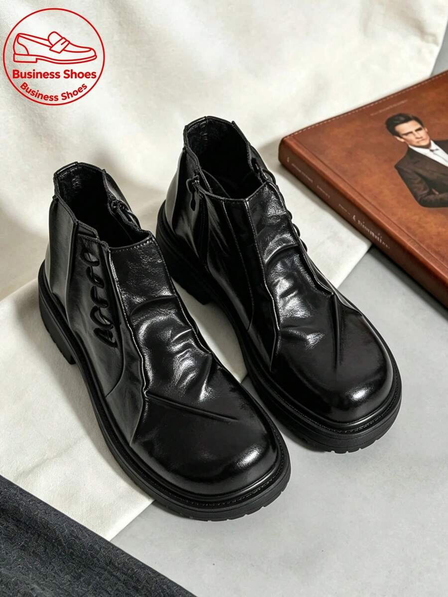 Vintage Pleated Thick Sole Men's Ankle Boots Niche Distressed Side Zipper Work Boots Height-Increasing Non-Slip Chunky Heel Boots Fashion Derby Boots Retro Chelsea Boots