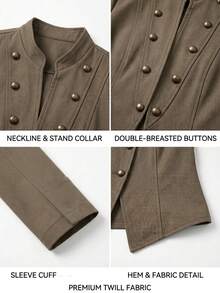 Khaki Stand Collar Double-Breasted Short Jacket, Women's Vintage Slim Fit Outerwear, Suitable For Daily Wear - Khaki - View 5