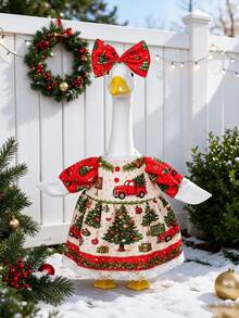 1pc Christmas Porch Goose Outfit Set, Christmas Tree & Truck Print Dress With Bow Headband, Fits 23" Goose Statue, Holiday Outdoor Yard Porch Decor (Statue Not Included) - Multicolor - View 1