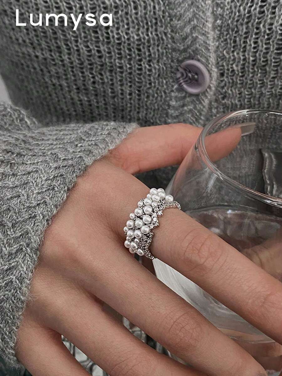 1pc Ins Style Casual Cubic Zirconia Faux Pearl Ring, Suitable For Women's Daily Commute Wear