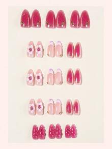 10pcs French Gradient Pink Acrylic Press-On Nails, Medium Almond Shape, 3D Flower Gold Line Water Ripple Rhinestone Design, Fashion Y2K Style, Glossy Full Coverage Fake Nails For Women And Girls Daily Wear - Multicolor - View 3