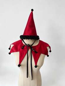 1 Set Topi Badut Kotak-kotak Hitam Putih dan Kerah Palsu Berbentuk Bintang dengan Pom-Pom Merah, Aksesoris Kostum Cosplay Sirkus Halloween, Cocok untuk Pesta Bertema Karnaval - A - View 14