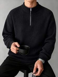 Men's Half-Zip Stand Collar Knit Sweater, Solid Color Ribbed Texture Pullover, Business Casual Commute Thickened Top, Autumn/Winter - Black - View 6
