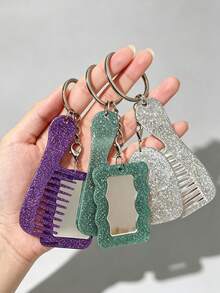 Glitter Keychain Mirror Comb Set, Cute Mini Pocket Mirror With Hairbrush Keychain, Portable Acrylic Makeup Mirror Keychain, Suitable For Girls And Women, Backpack Charm Gift - Multicolor - View 3