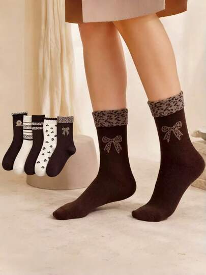 1/5 Paar Damen neue Schleife Leopardenmuster gestreift Herbst/Winter Maillard Farbpalette, vielseitige bequeme Mittellänge Socken, geeignet für alle Jahreszeiten