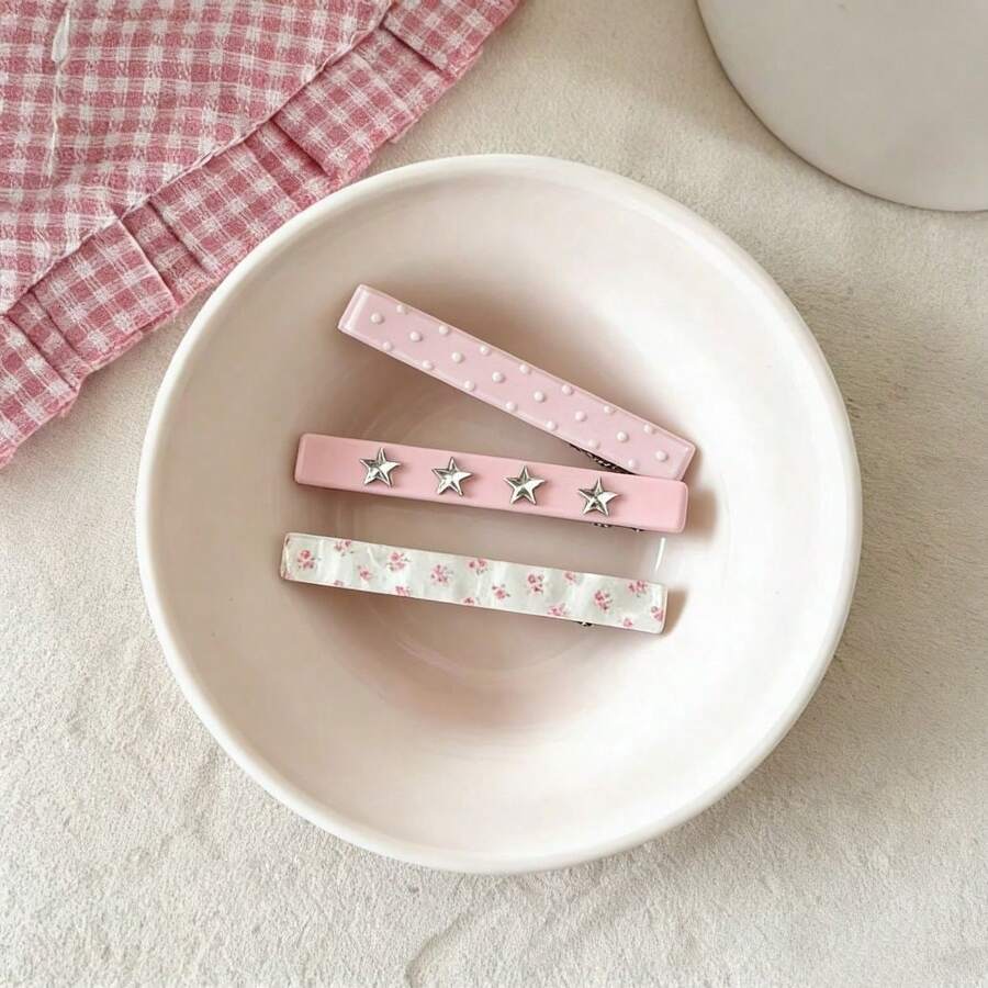 3pcs Sweet Pink Floral Hair Clips, Star & Polka Dot Floral BB Clips, Girl Style Side Bang Clips, Versatile Daily Hair Accessories - Long Hair Clip - View 1