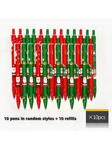 20 PCS Christmas Themed Push-Type Ballpoint Pen Set, 0.5mm Black Ink, Includes 10 Random Pens + 10 Refills, Suitable For School, Great Christmas Gift - Multicolor - View 3