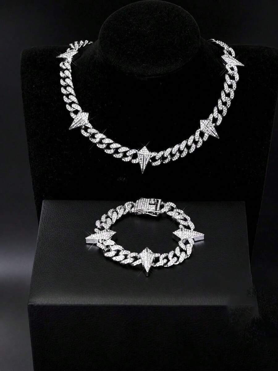 European & American Hip Hop Full Rhinestone Diamond Rhombus Spike Patchwork Cuban Chain Necklace & Bracelet Set, Heavy Rhinestone Studded Thick Chain, Unisex Rap Street Style Accessories, Gold & Silver Dual Colors Available - Spiked Cuban Link Chain - View 1